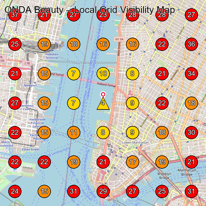 ONDA Beauty GeoGrid visibility map for Health And Beauty Shop in New York